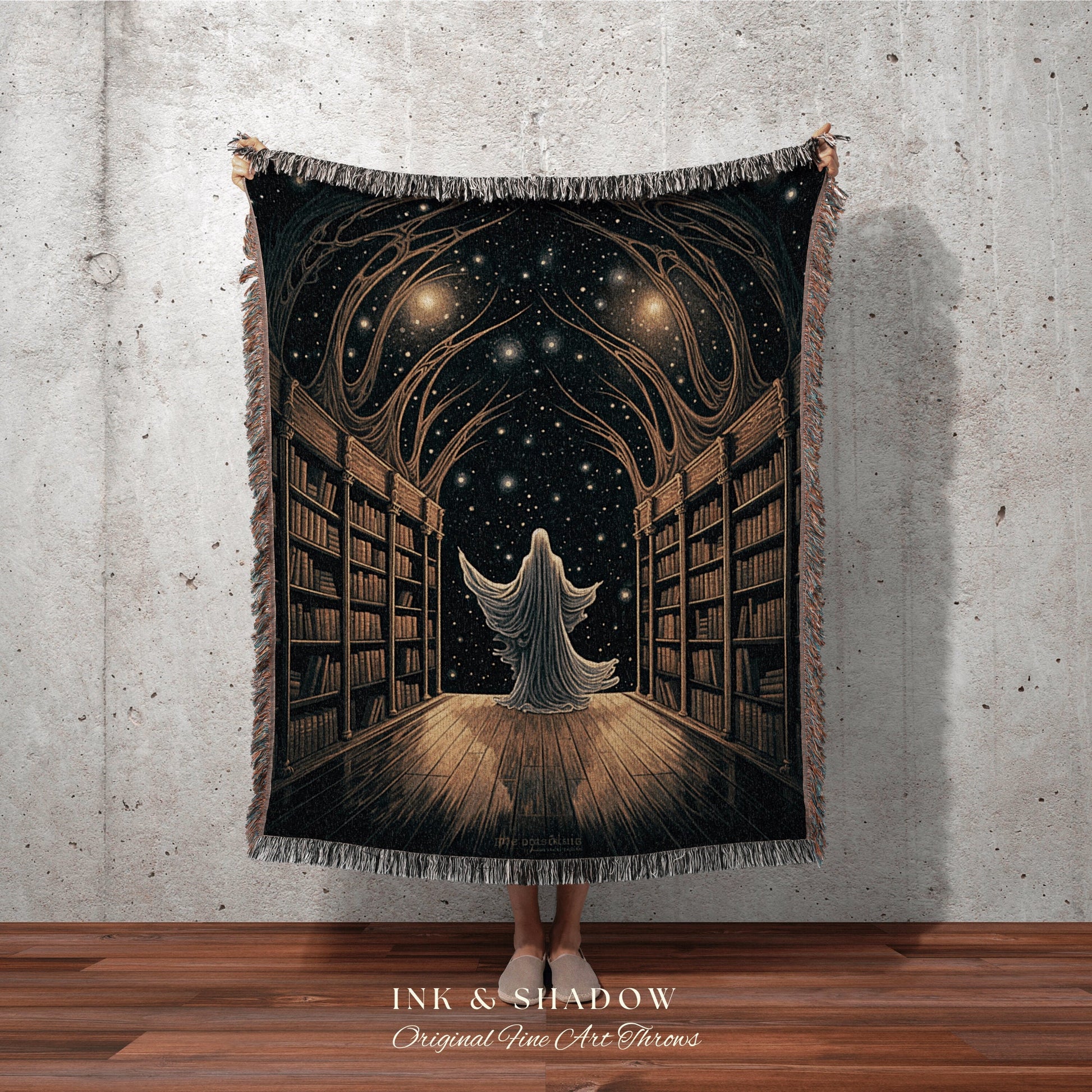 Dark Academia Tapestry Blanket | Ghost in Library Autumn Aesthetic Goth Art Victorian Ghost Painting Vintage Halloween Blanket Reader Gift |