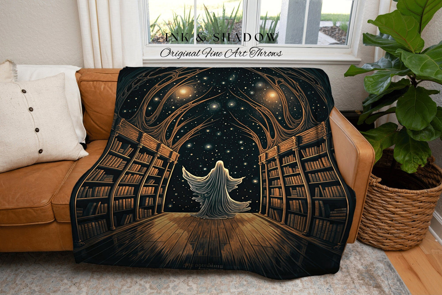 Dark Academia Tapestry Blanket | Ghost in Library Autumn Aesthetic Goth Art Victorian Ghost Painting Vintage Halloween Blanket Reader Gift |