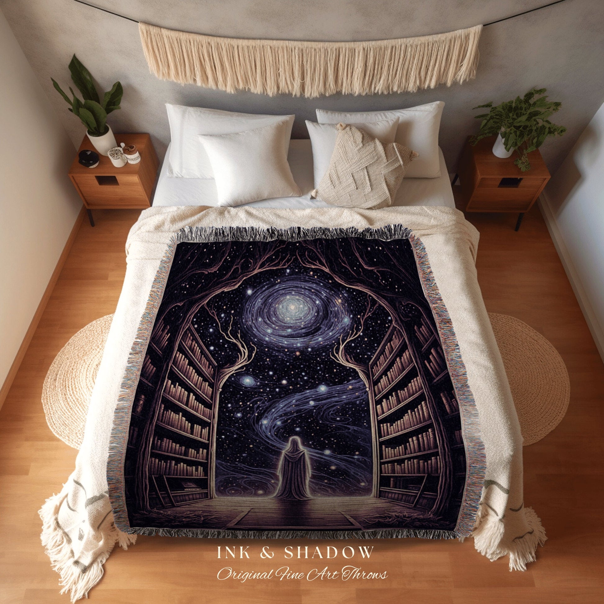 Cosmic Library Ghost Tapestry | Ghost in Library Dark Academia Gothic Art Victorian Ghost Painting Vintage Halloween Blanket Gift for Reader