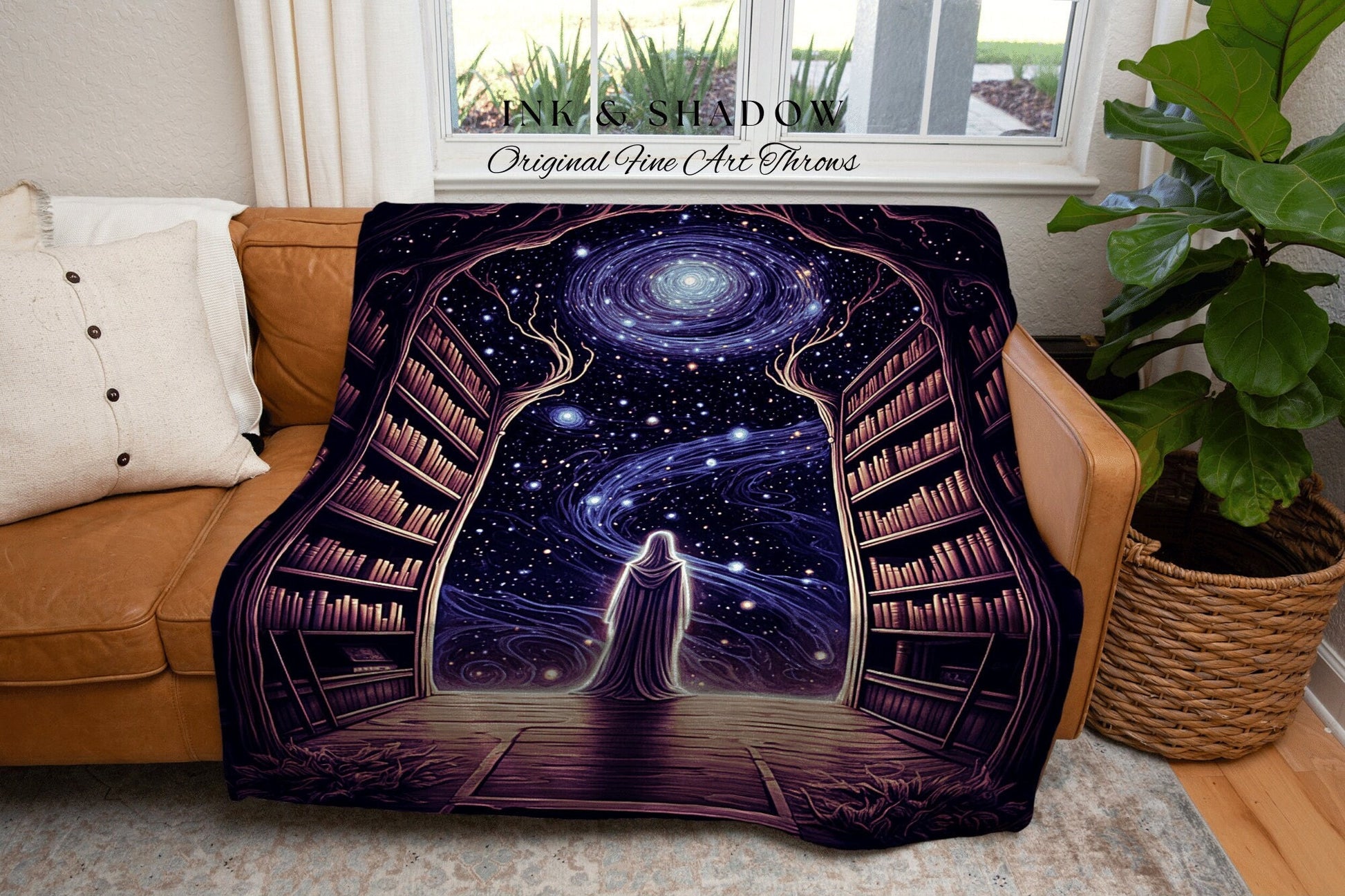 Cosmic Library Ghost Tapestry | Ghost in Library Dark Academia Gothic Art Victorian Ghost Painting Vintage Halloween Blanket Gift for Reader