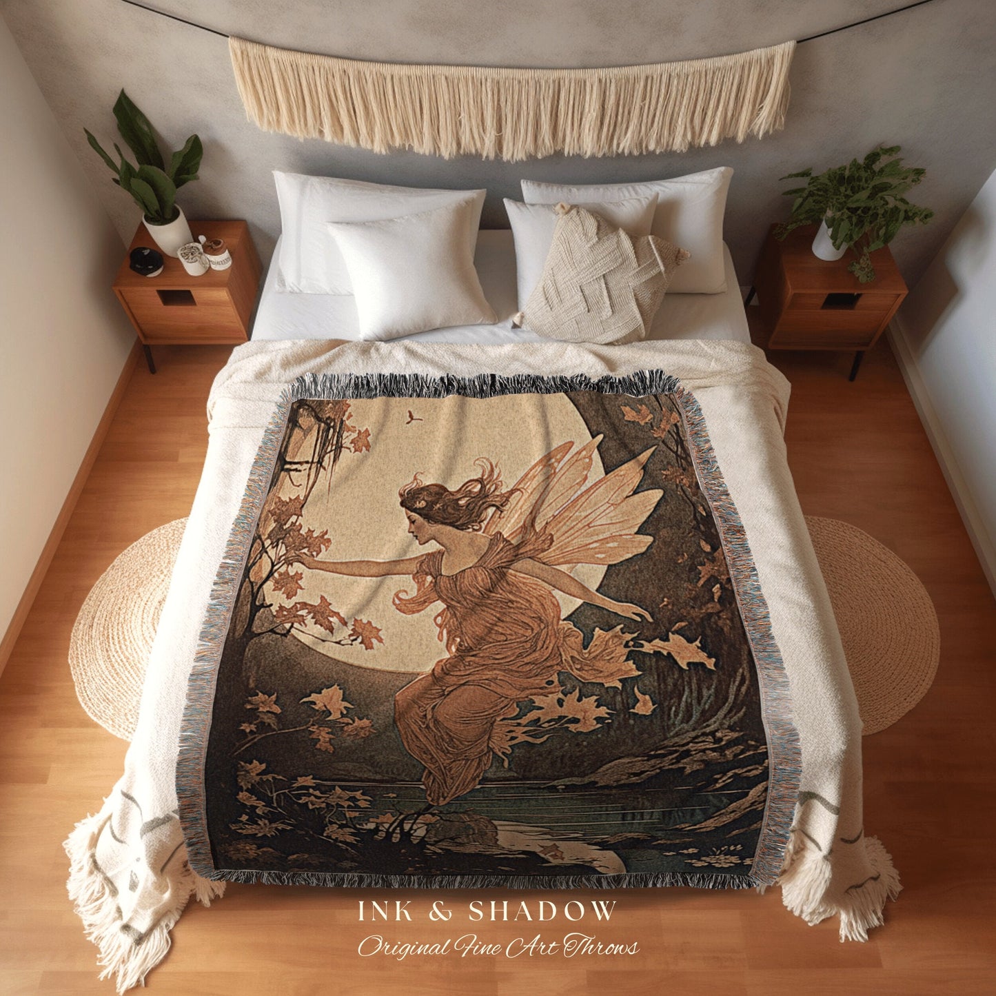 Autumn Fairy Woodland Blanket | Storybook Aesthetic Celestial Wall Art Cottagecore Decor Art Nouveau Tapestry Art Blanket Fairycore Vintage