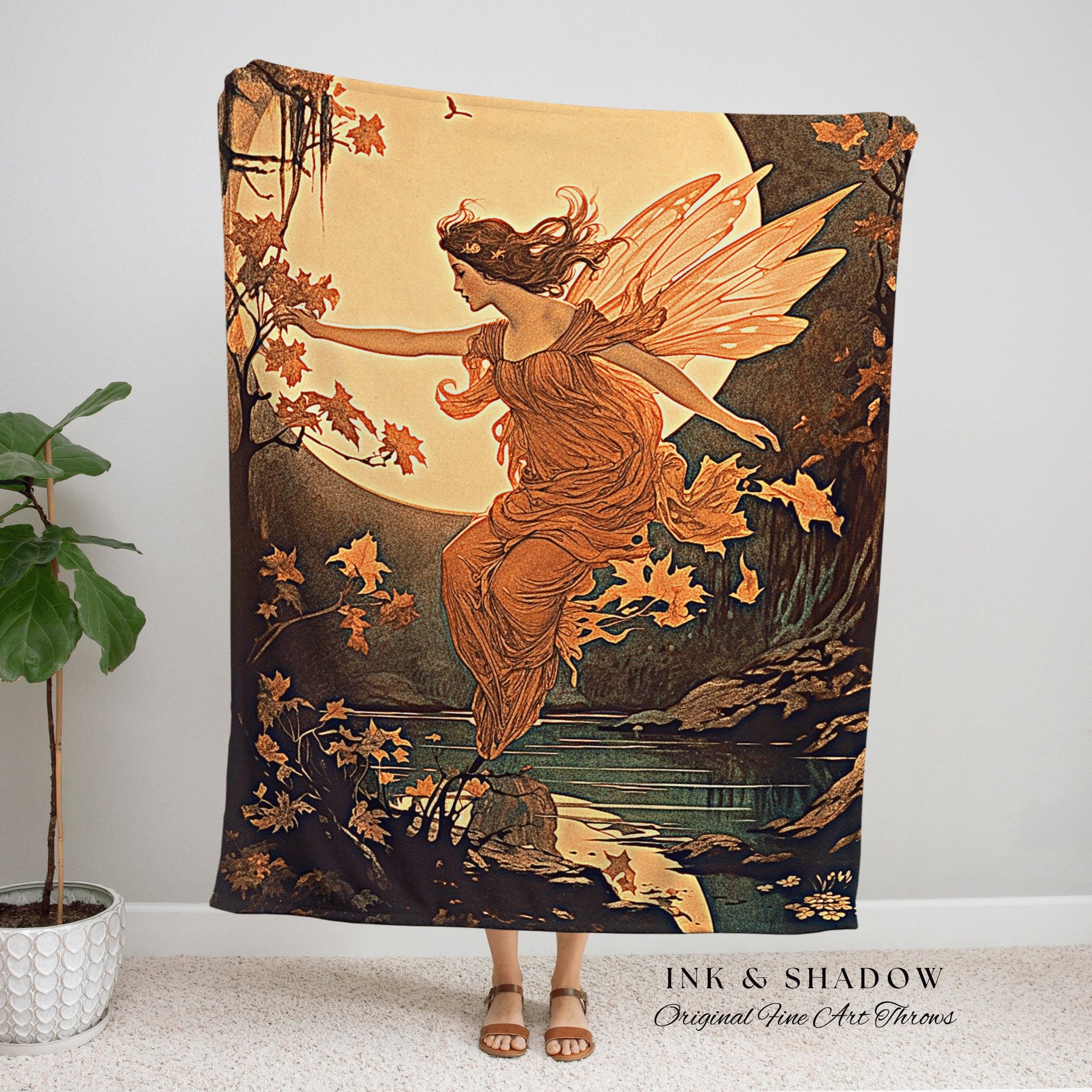 Autumn Fairy Woodland Blanket | Storybook Aesthetic Celestial Wall Art Cottagecore Decor Art Nouveau Tapestry Art Blanket Fairycore Vintage