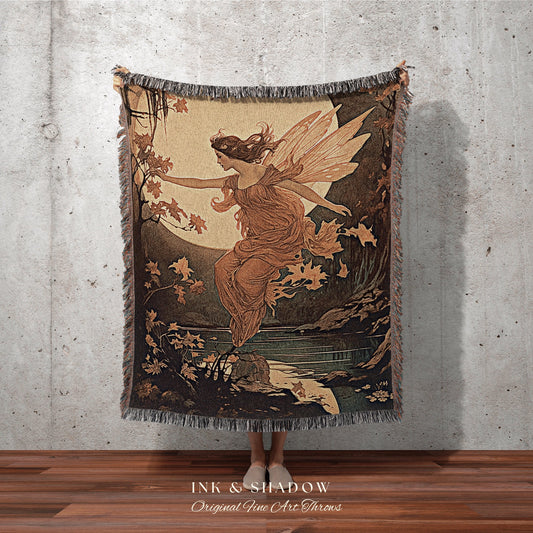 Autumn Fairy Woodland Blanket | Storybook Aesthetic Celestial Wall Art Cottagecore Decor Art Nouveau Tapestry Art Blanket Fairycore Vintage