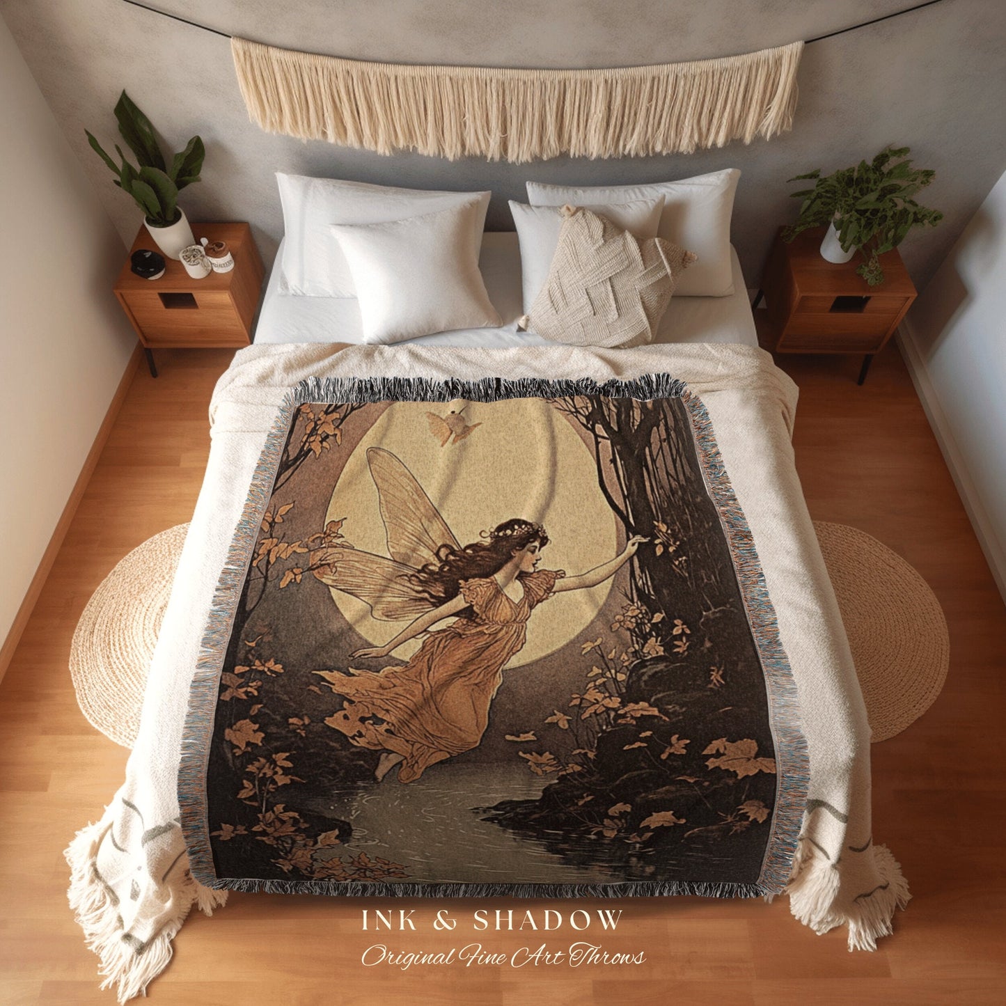 Full Moon Autumn Fairy Blanket | Storybook Aesthetic Celestial Wall Art Cottagecore Decor Storybook Tapestry Art Blanket Fairycore Vintage |