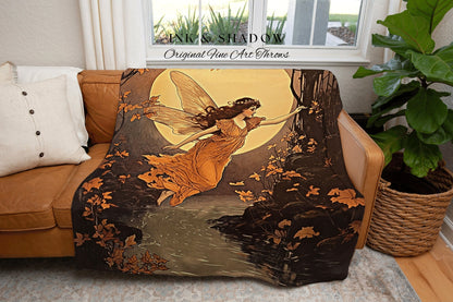 Full Moon Autumn Fairy Blanket | Storybook Aesthetic Celestial Wall Art Cottagecore Decor Storybook Tapestry Art Blanket Fairycore Vintage |