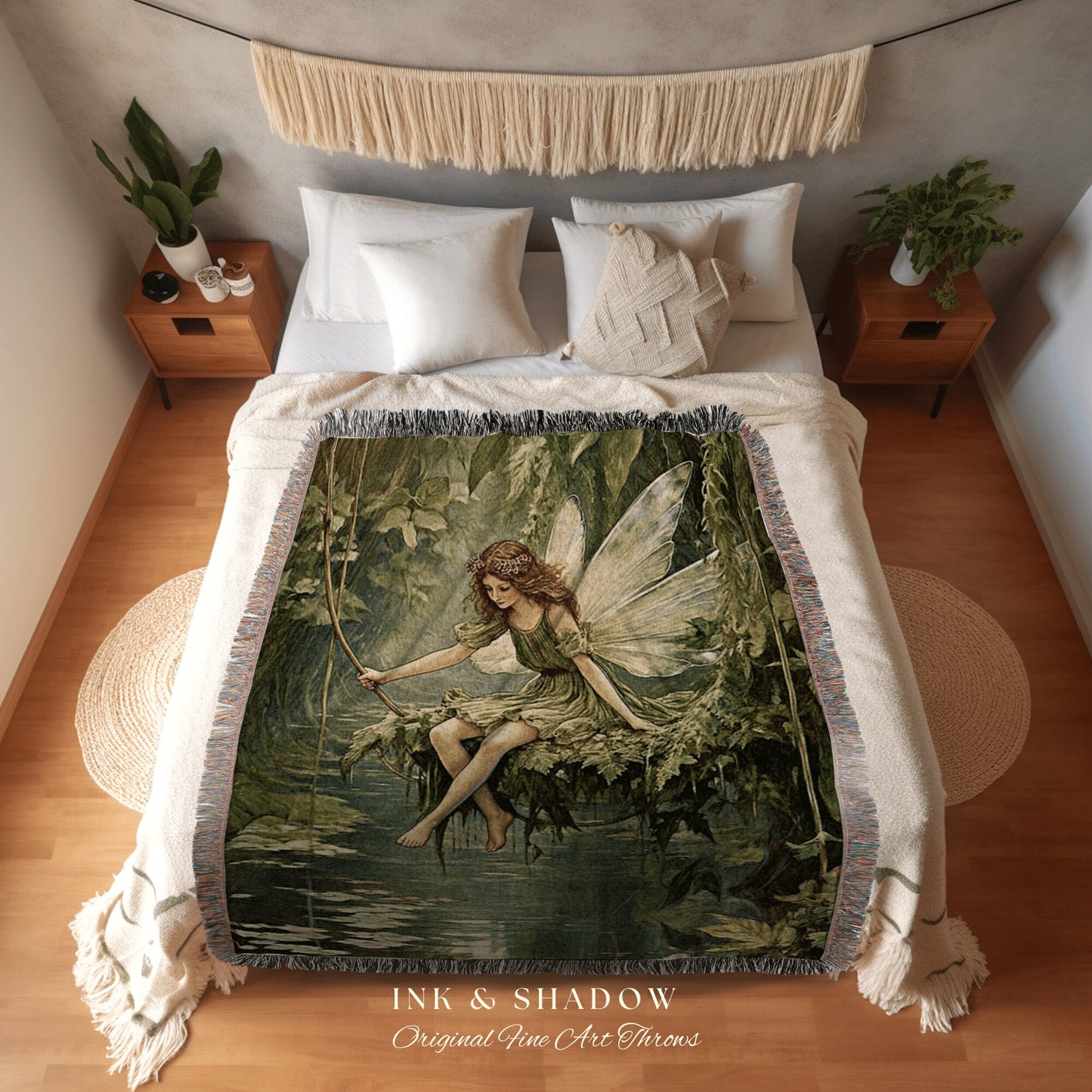 Forest Nymph Woven Blanket | Fairytale Aesthetic Celestial Wall Art Witchy Cottagecore Decor Art Nouveau Tapestry Blanket Fairycore Vintage