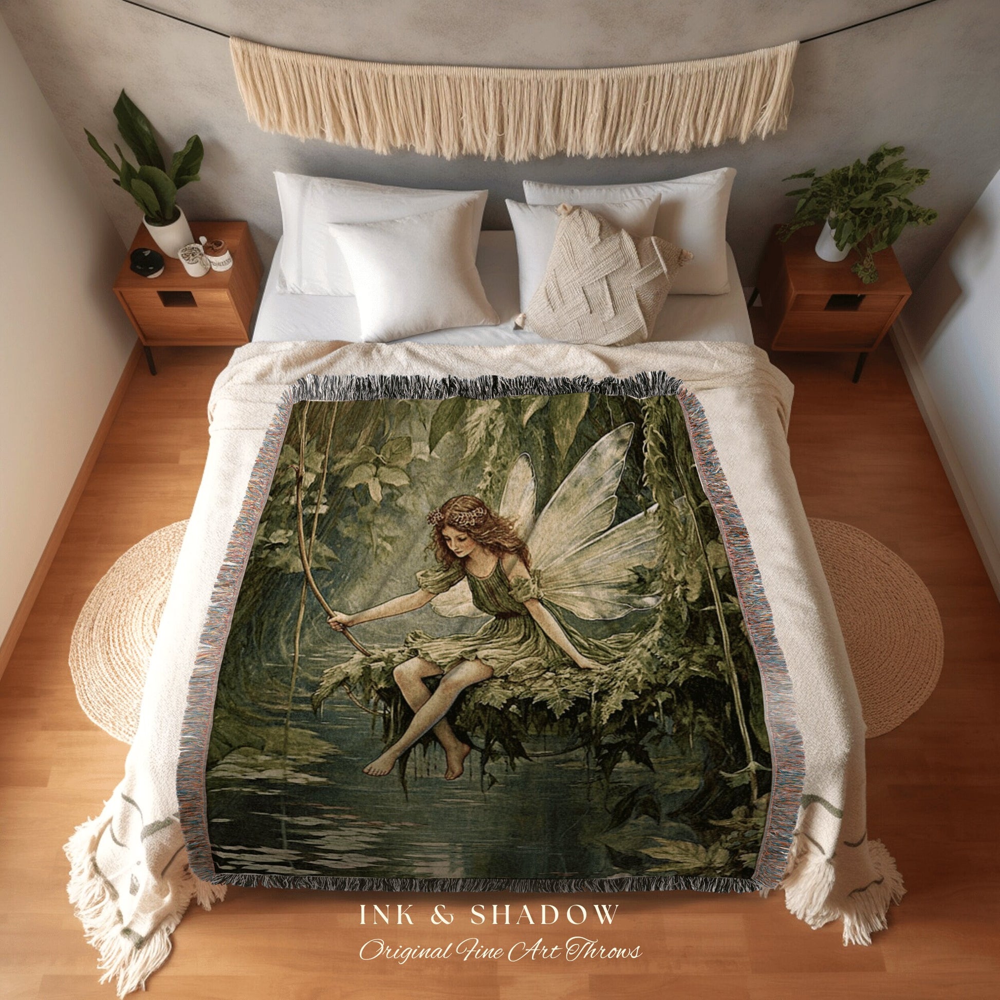 Forest Nymph Woven Blanket | Fairytale Aesthetic Celestial Wall Art Witchy Cottagecore Decor Art Nouveau Tapestry Blanket Fairycore Vintage