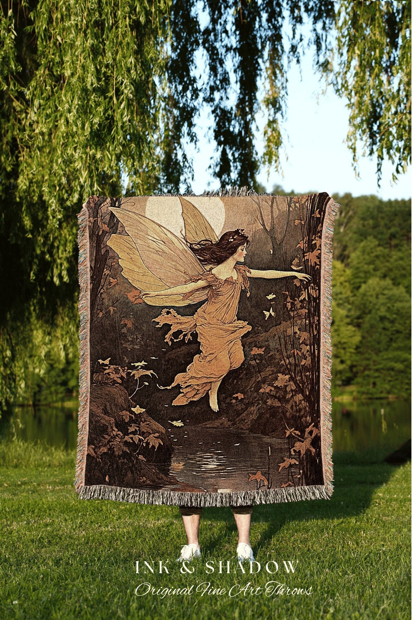 Retro Art Nouveau Fairy Tapestry | Storybook Aesthetic Celestial Wall Art Cottagecore Decor Storybook Tapestry Art Blanket Fairycore Vintage