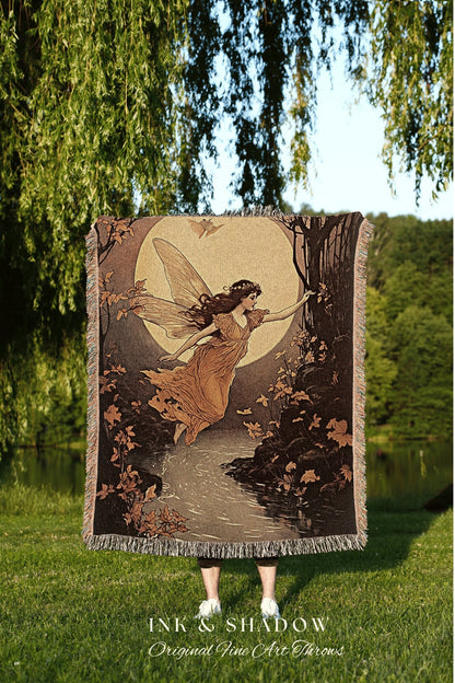 Full Moon Autumn Fairy Blanket | Storybook Aesthetic Celestial Wall Art Cottagecore Decor Storybook Tapestry Art Blanket Fairycore Vintage |