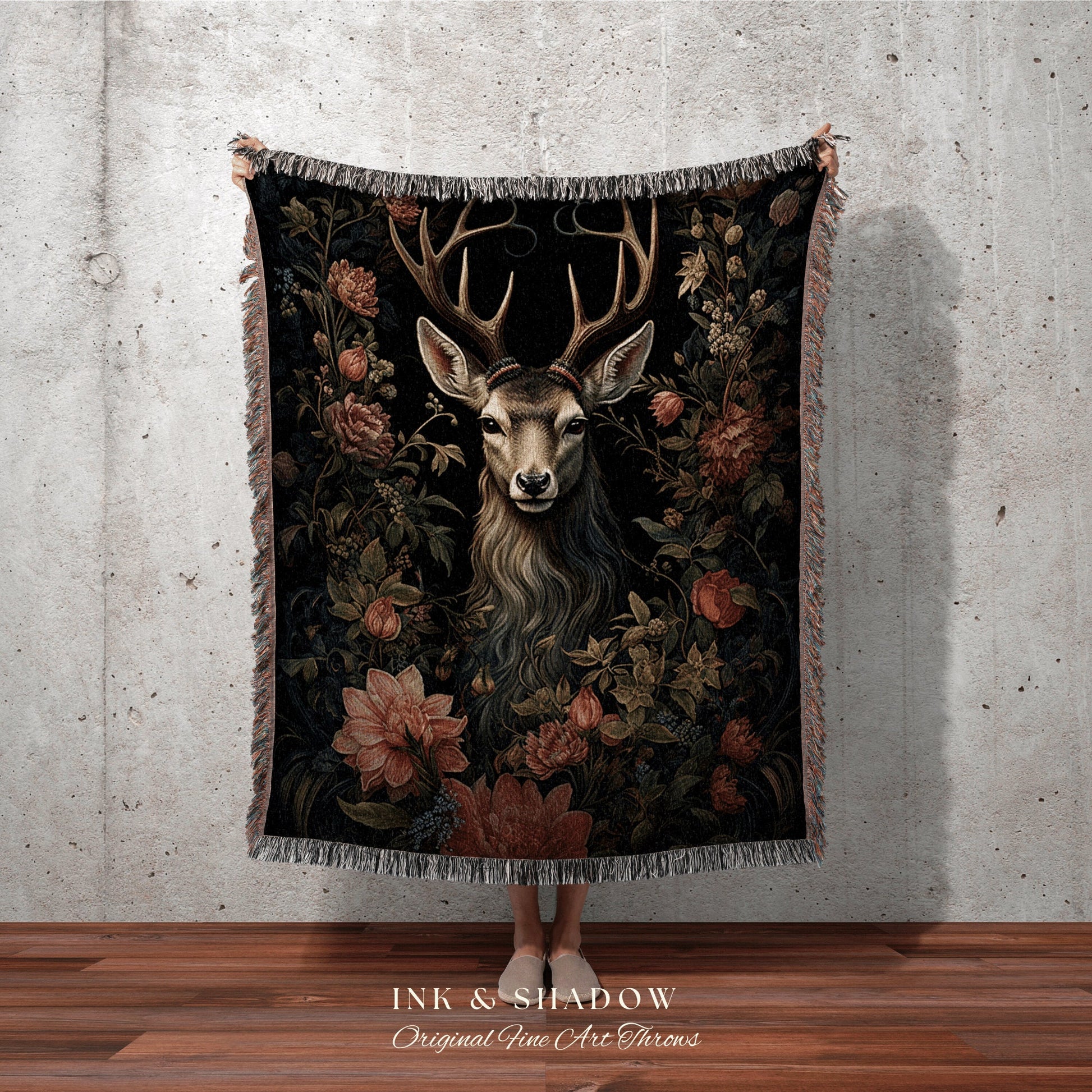 Woodland Gothic Deer Blanket | Folk Art Blanket Woven Tapestry William Morris Throw Dark Woodland Decor Medieval Aesthetic Crow Core Decor |