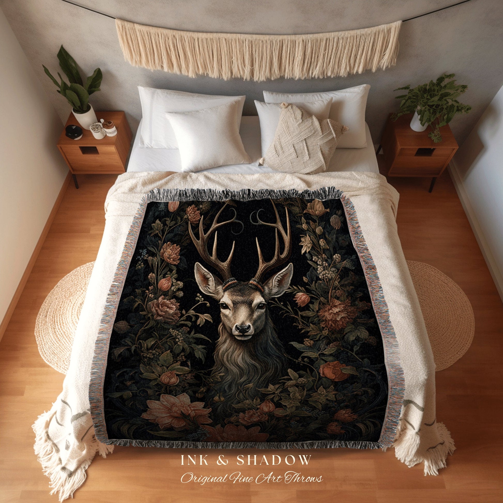 Woodland Gothic Deer Blanket | Folk Art Blanket Woven Tapestry William Morris Throw Dark Woodland Decor Medieval Aesthetic Crow Core Decor |