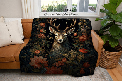 Woodland Gothic Deer Blanket | Folk Art Blanket Woven Tapestry William Morris Throw Dark Woodland Decor Medieval Aesthetic Crow Core Decor |