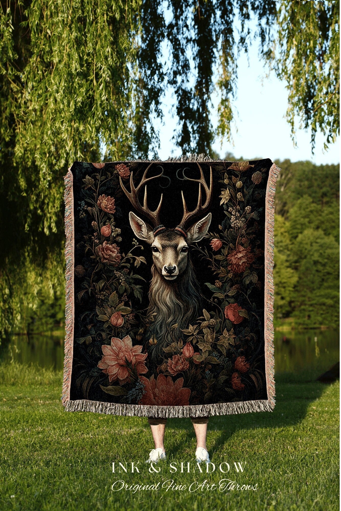 Woodland Gothic Deer Blanket | Folk Art Blanket Woven Tapestry William Morris Throw Dark Woodland Decor Medieval Aesthetic Crow Core Decor |