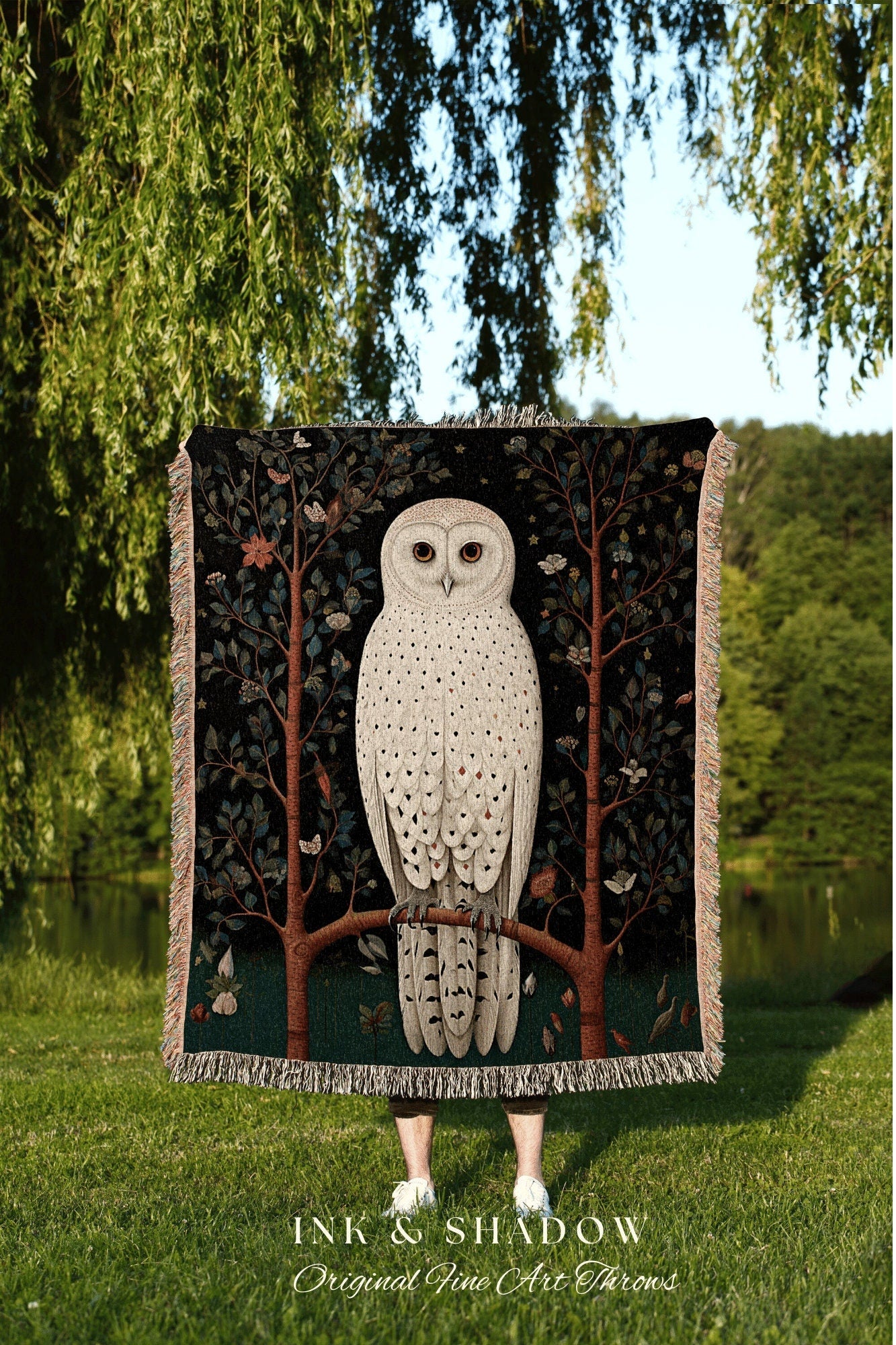 Whimsigoth Nordic Owl Blanket | Woven Tapestry Witchy Decor Cottagecore Art Crowcore Aesthetic Room Decor Magical Owl Tapestry Crow Core Art