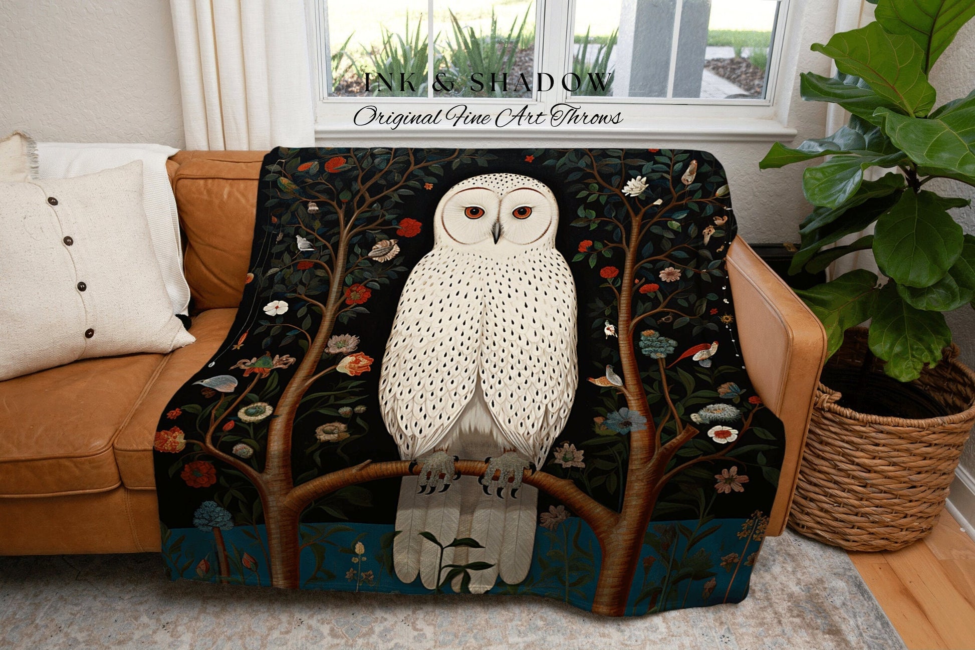 Whimsigoth Nordic Owl Blanket | Woven Tapestry Witchy Decor Cottagecore Art Crowcore Aesthetic Room Decor Magical Owl Tapestry Crow Core Art