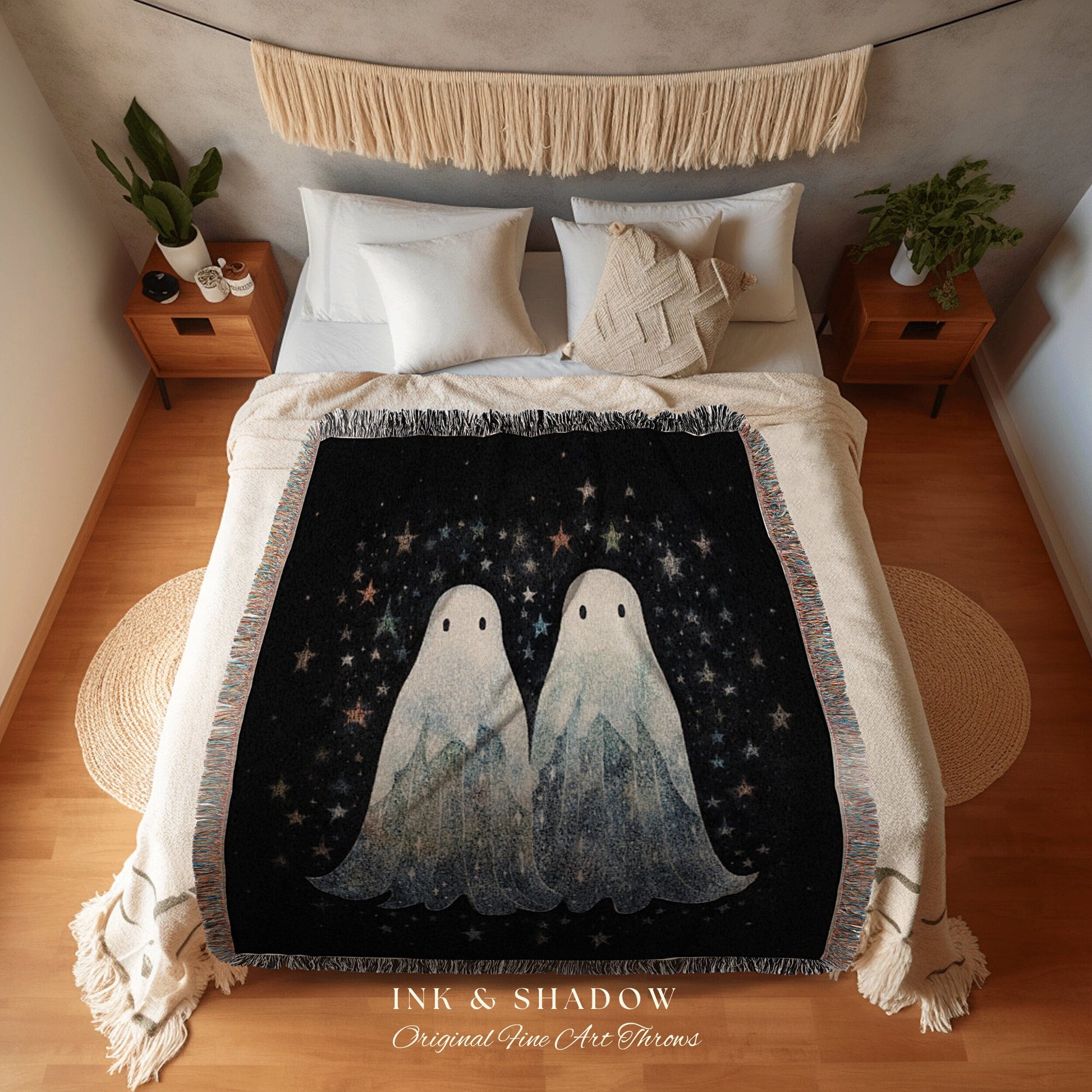 Celestial Ghost Couple Tapestry | Gothic Room Decor Vintage Ghost Tapestry Spooky Cute Vintage Ghost Art Woven Tapestry Boho Halloween Decor