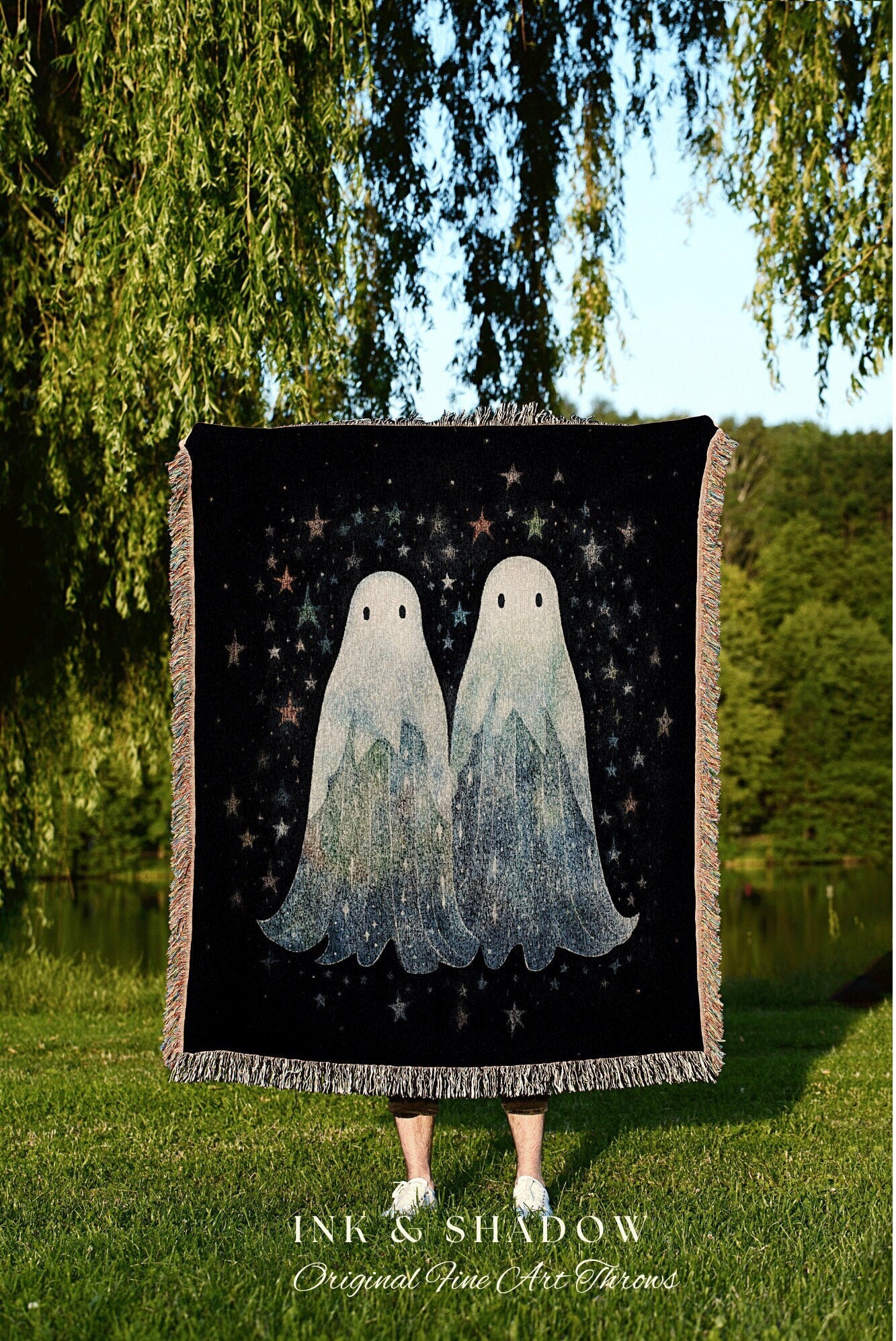 Celestial Ghost Couple Tapestry | Gothic Room Decor Vintage Ghost Tapestry Spooky Cute Vintage Ghost Art Woven Tapestry Boho Halloween Decor