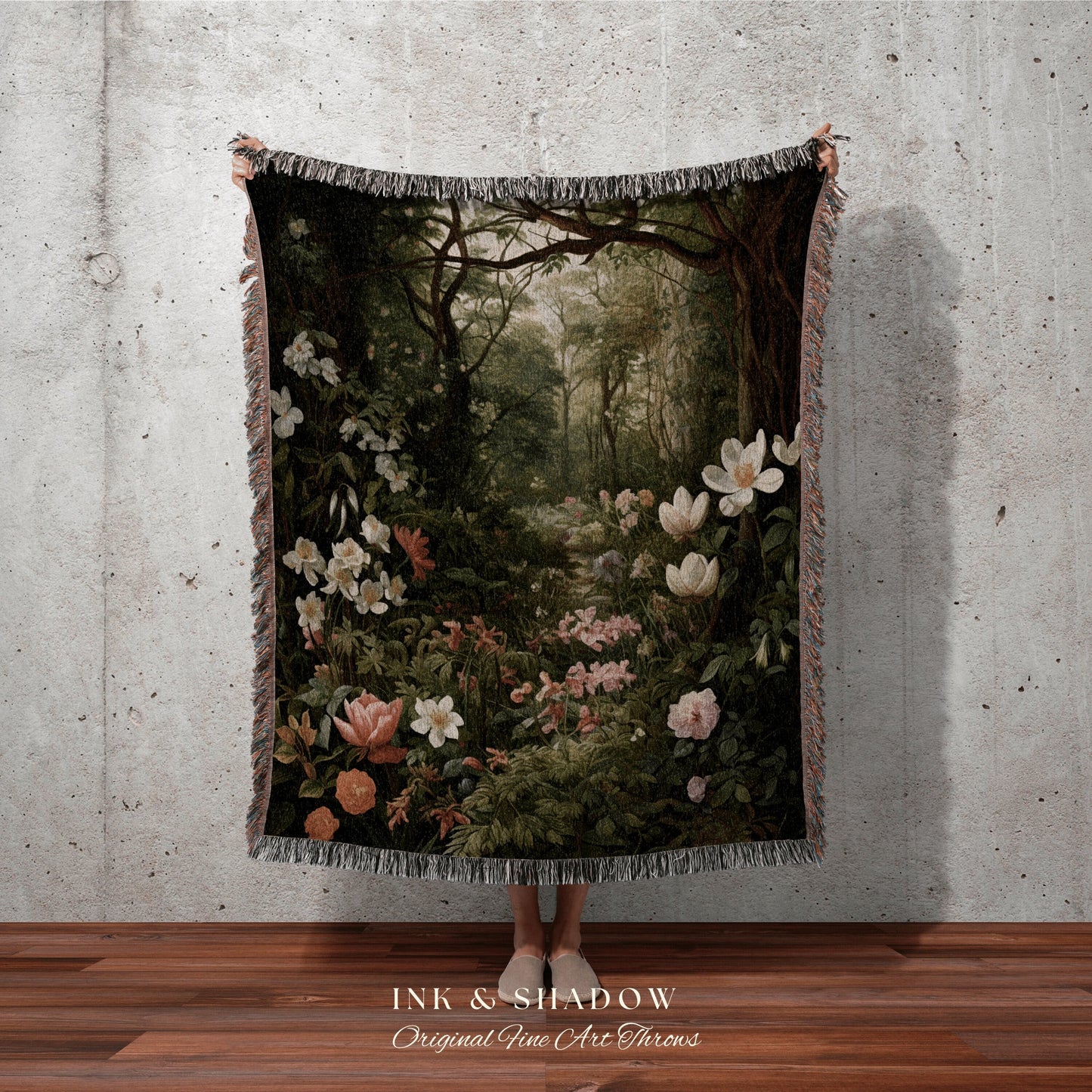 Dark Woodland Tapestry Blanket | Whimsigoth Wall Art Woven Blanket Victorian Gothic Aesthetic Tapestry Woven Botanical Fairy Decor Aesthetic