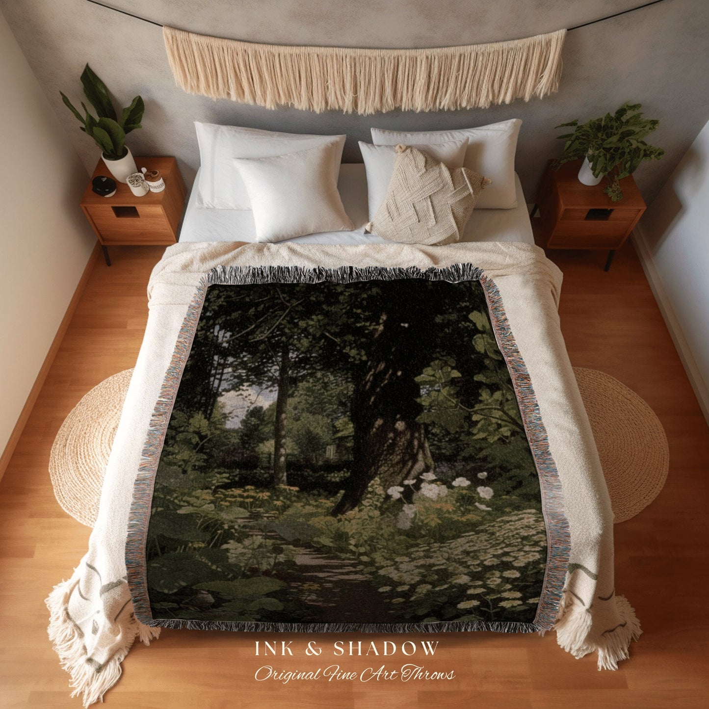 Woodland Gothic Floral Blanket | Whimsigoth Wall Art Woven Blanket Victorian Gothic Aesthetic Tapestry Woven Botanical Fairycore Aesthetic |