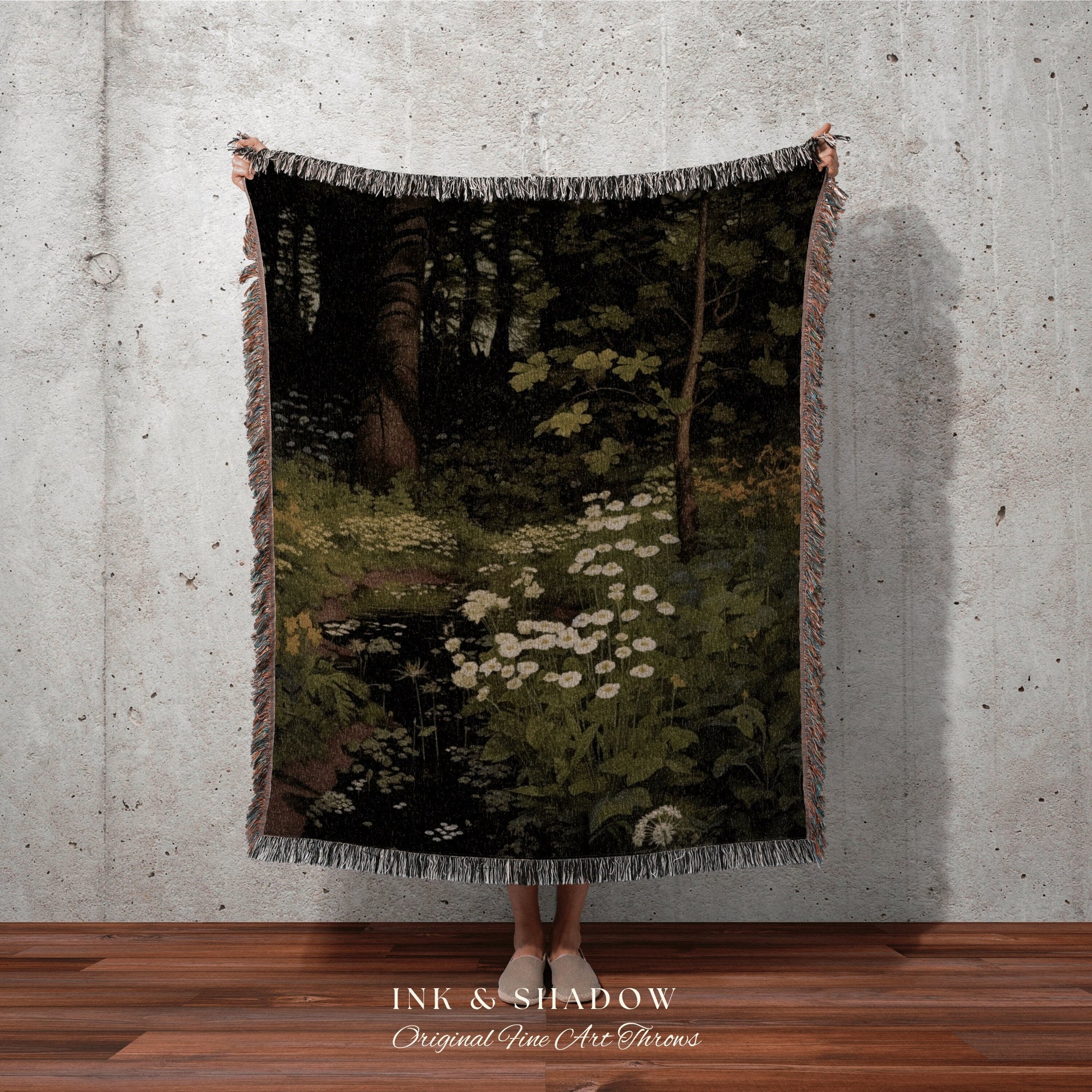 Dark Forest Blanket Woven Cotton Throw Blanket Nature Tapestry | Dark Cottagecore Botanical Blanket Forest Tapestry Goblincore Bedroom Decor