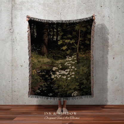 Dark Forest Blanket Woven Cotton Throw Blanket Nature Tapestry | Dark Cottagecore Botanical Blanket Forest Tapestry Goblincore Bedroom Decor