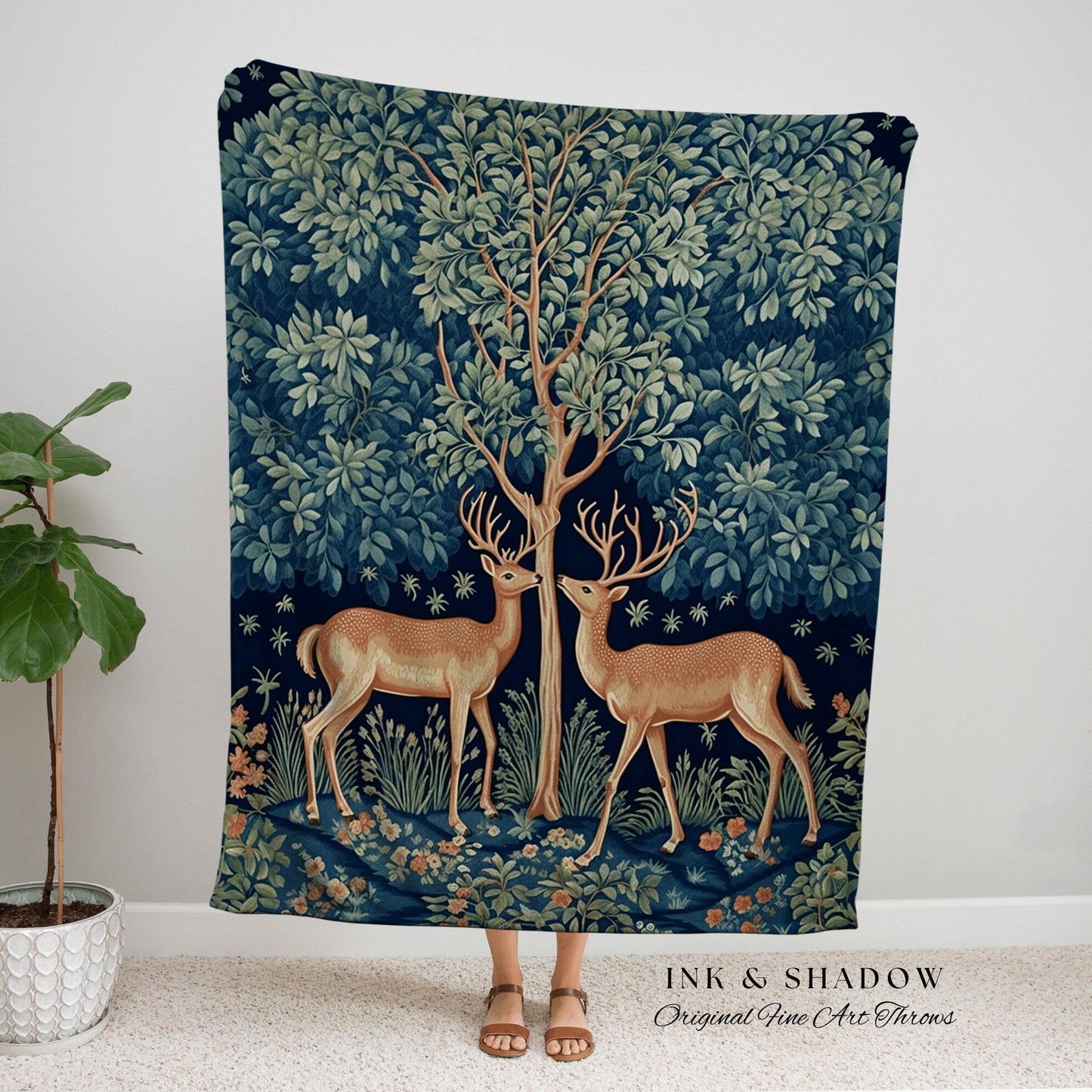 Mystic Woodland Deer Folk Art Woven Tapestry Throw Scandinavian Cottagecore, William Morris Art Style Nordic Fairycore Grunge Forestcore