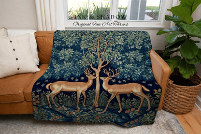 Mystic Woodland Deer Folk Art Woven Tapestry Throw Scandinavian Cottagecore, William Morris Art Style Nordic Fairycore Grunge Forestcore