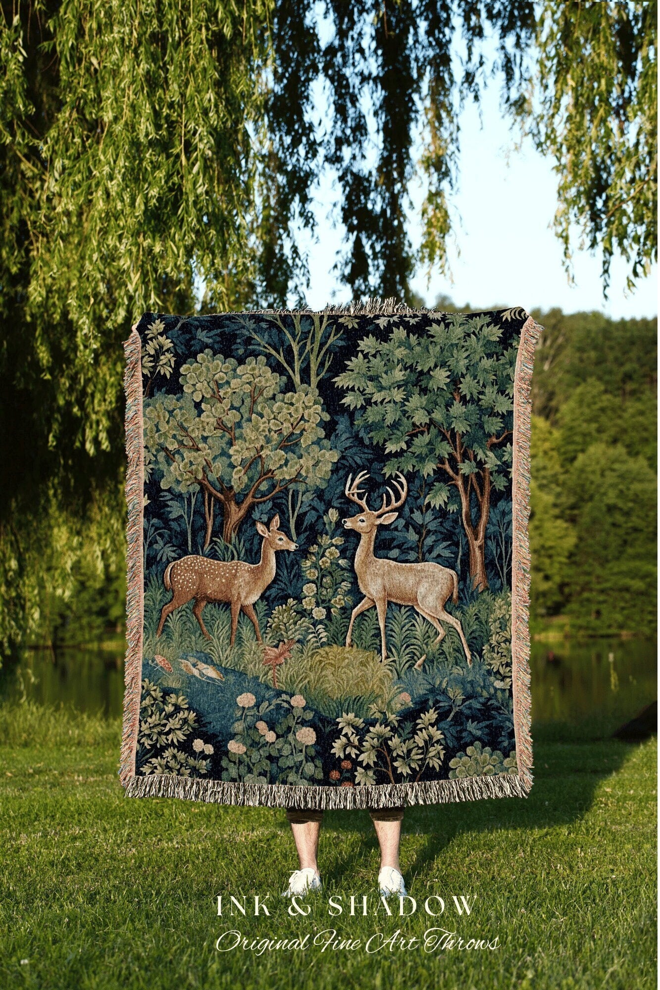 Mystic Woodland Tapestry Woven | Folk Art Blanket Woven Tapestry William Morris Throw Dark Woodland Mystic Aesthetic Bedding Light Academia