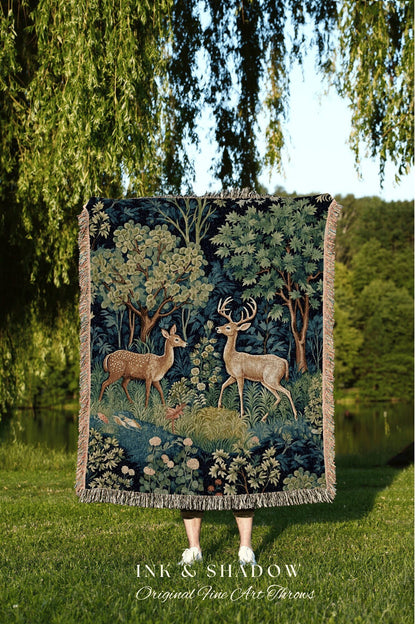 Mystic Woodland Tapestry Throw Woven Deer Folk Art Blanket, William Morris Throw Dark Woodland Mystic Woodland Academia Aesthetic Bedding