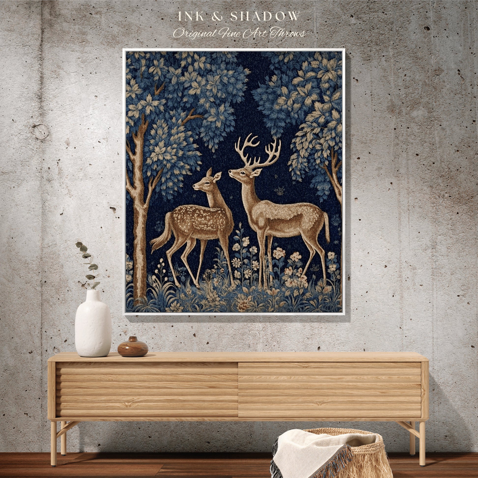 Hygge Scandi Woodland Deer Blanket Woven Throw Vintage Folk Art Tapestry, Morris Aesthetic Dark Cottagecore Forestcore Nordic Style Decor