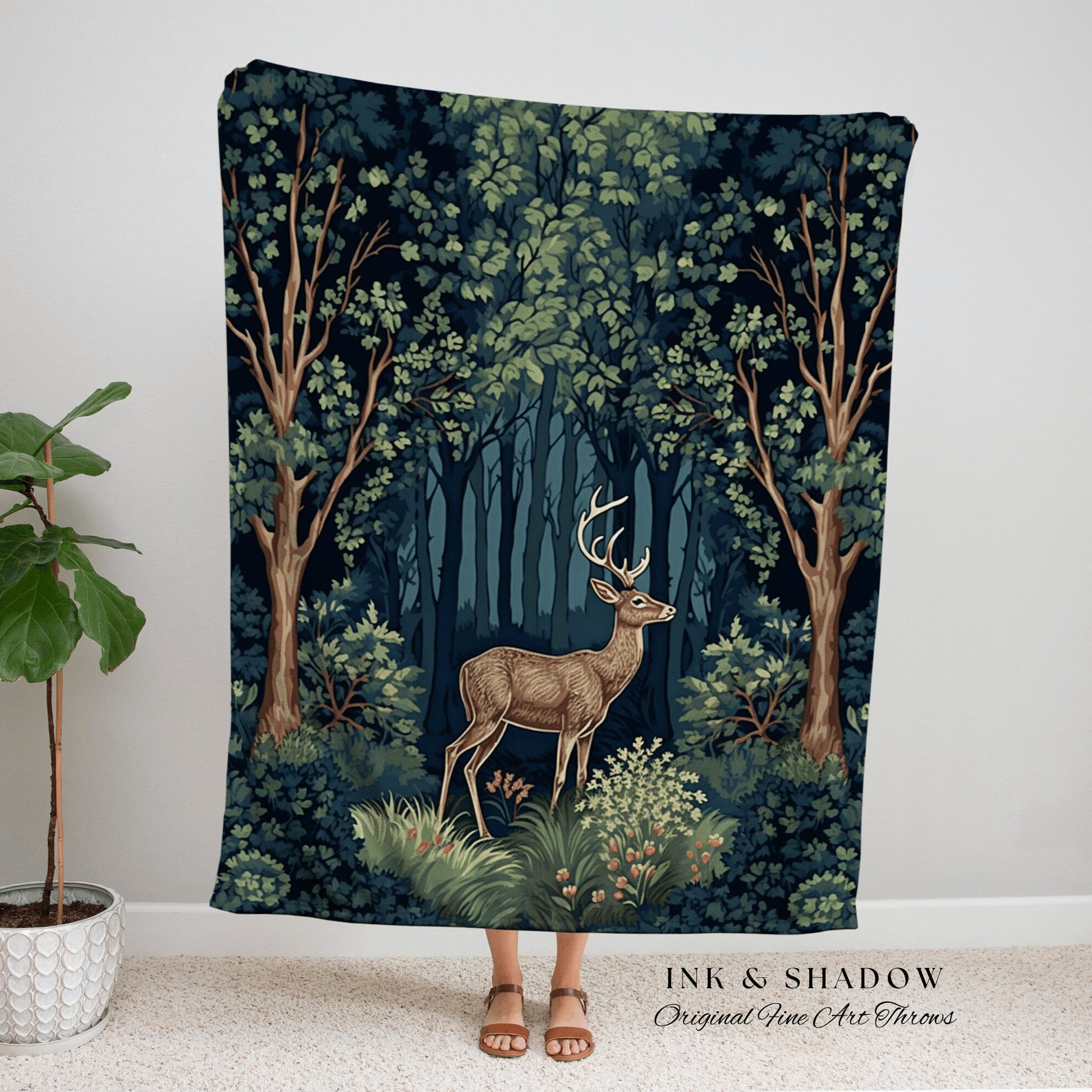 Whimsical Woodland Deer Tapestry Woven Folk Art Blanket Mystic Forest, Dark Cottagecore Forestcore William Morris Style Nordic Fairycore