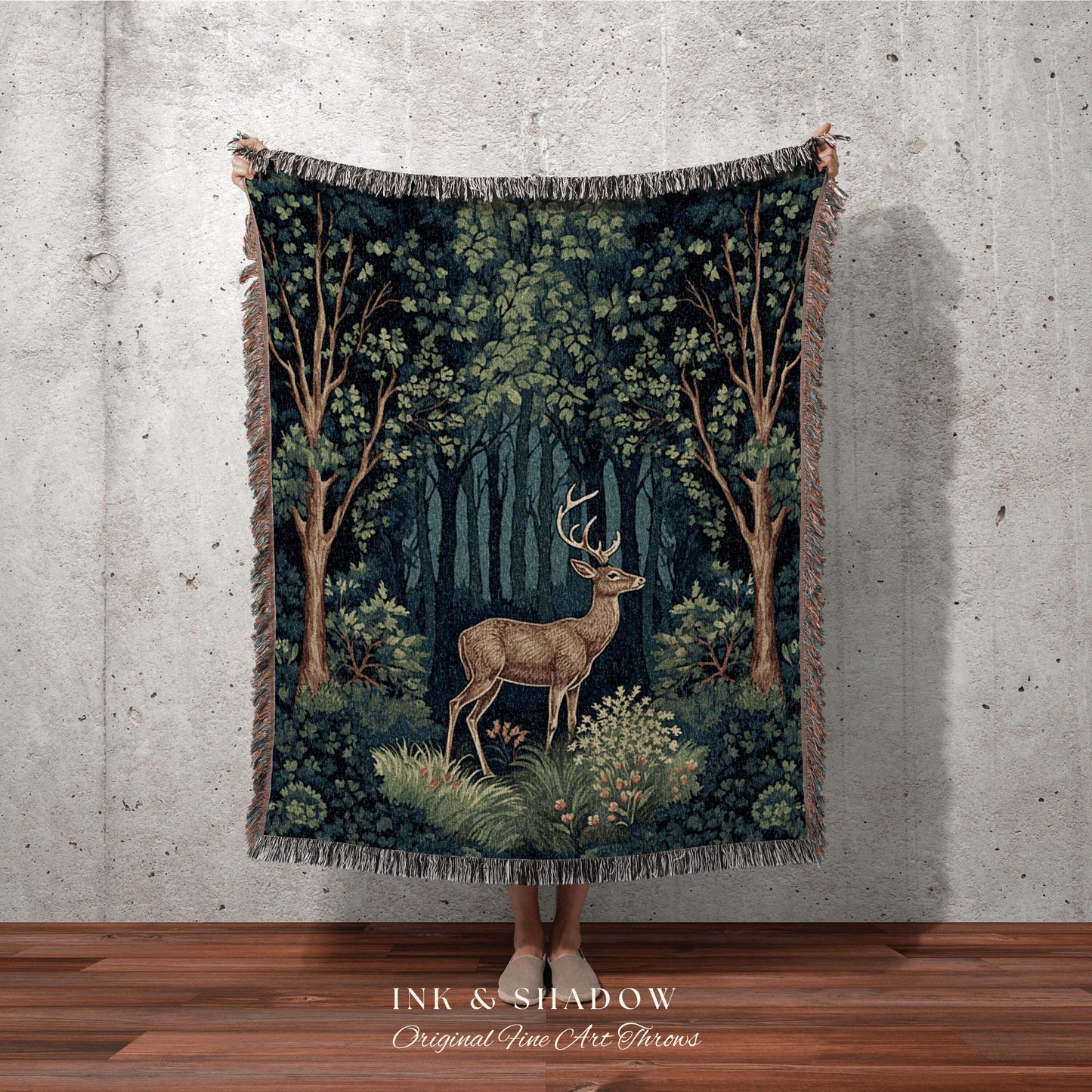 Whimsical Woodland Deer Tapestry Woven Folk Art Blanket Mystic Forest, Dark Cottagecore Forestcore William Morris Style Nordic Fairycore