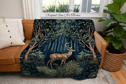 Whimsical Woodland Deer Tapestry Woven Folk Art Blanket Mystic Forest, Dark Cottagecore Forestcore William Morris Style Nordic Fairycore