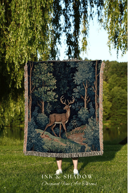 Nordic Fairycore Woven Blanket | Folk Art Blanket Woven Tapestry William Morris Throw Dark Woodland Decor Medieval Aesthetic Fairycore Decor