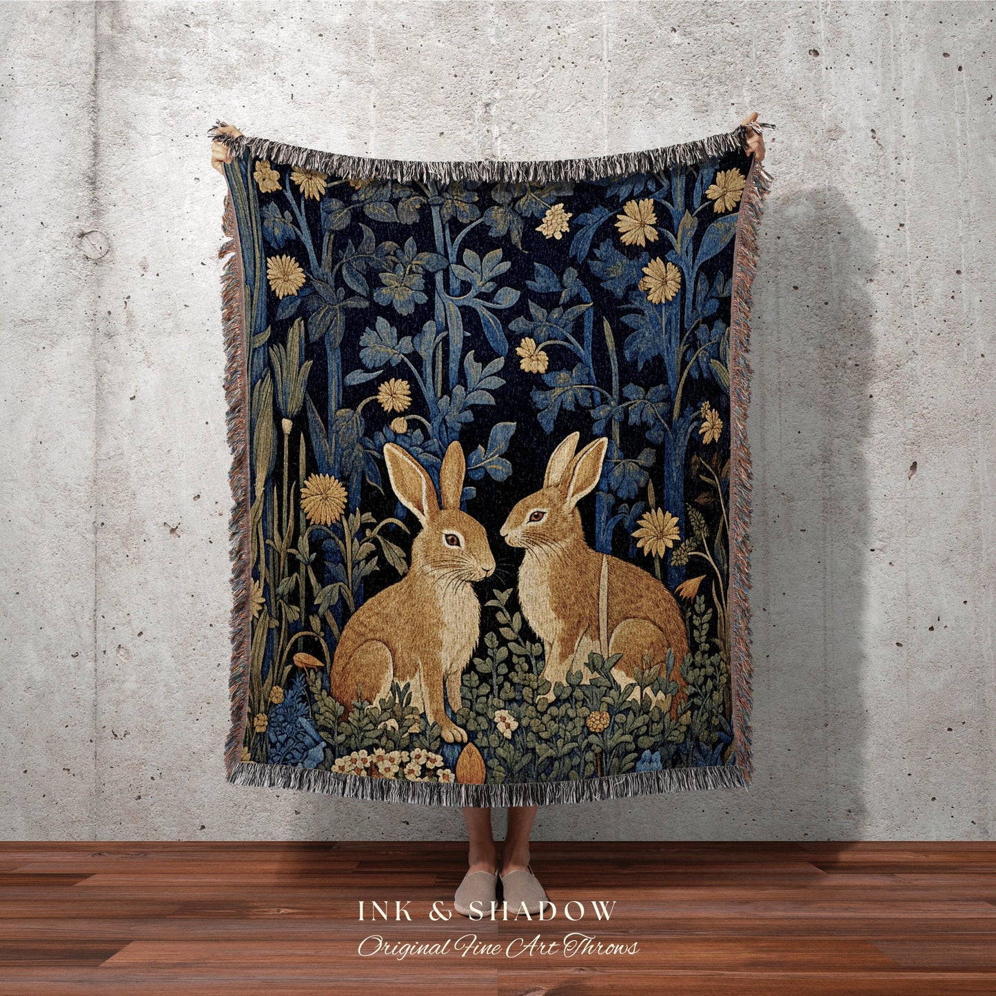 Hygge Tapestry Vintage Folk Art | Woven Tapestry Blanket William Morris Throw Woodland Decor Botanical Rabbit Aesthetic Woodland Fairycore |