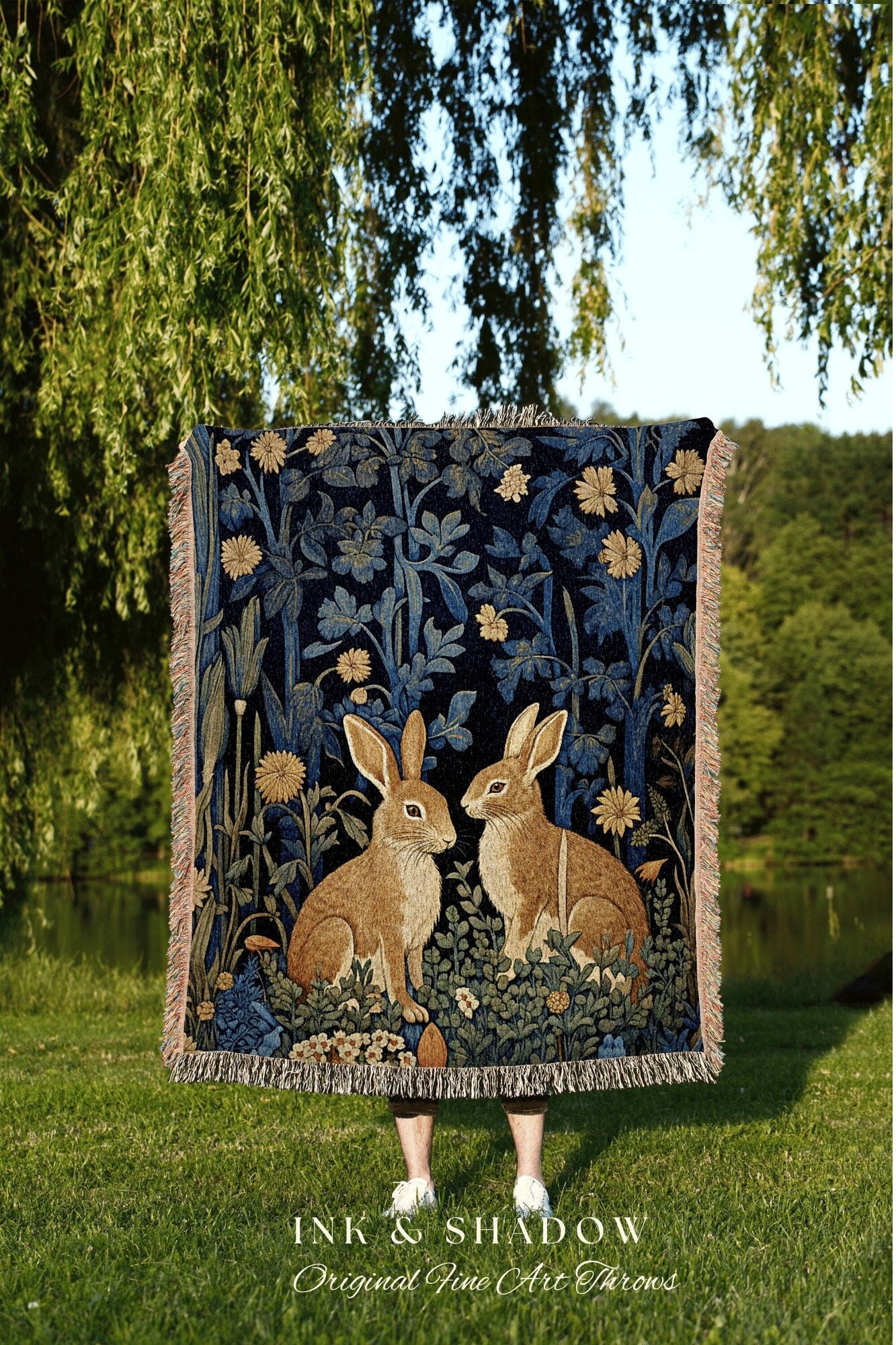 Hygge Tapestry Vintage Folk Art | Woven Tapestry Blanket William Morris Throw Woodland Decor Botanical Rabbit Aesthetic Woodland Fairycore |