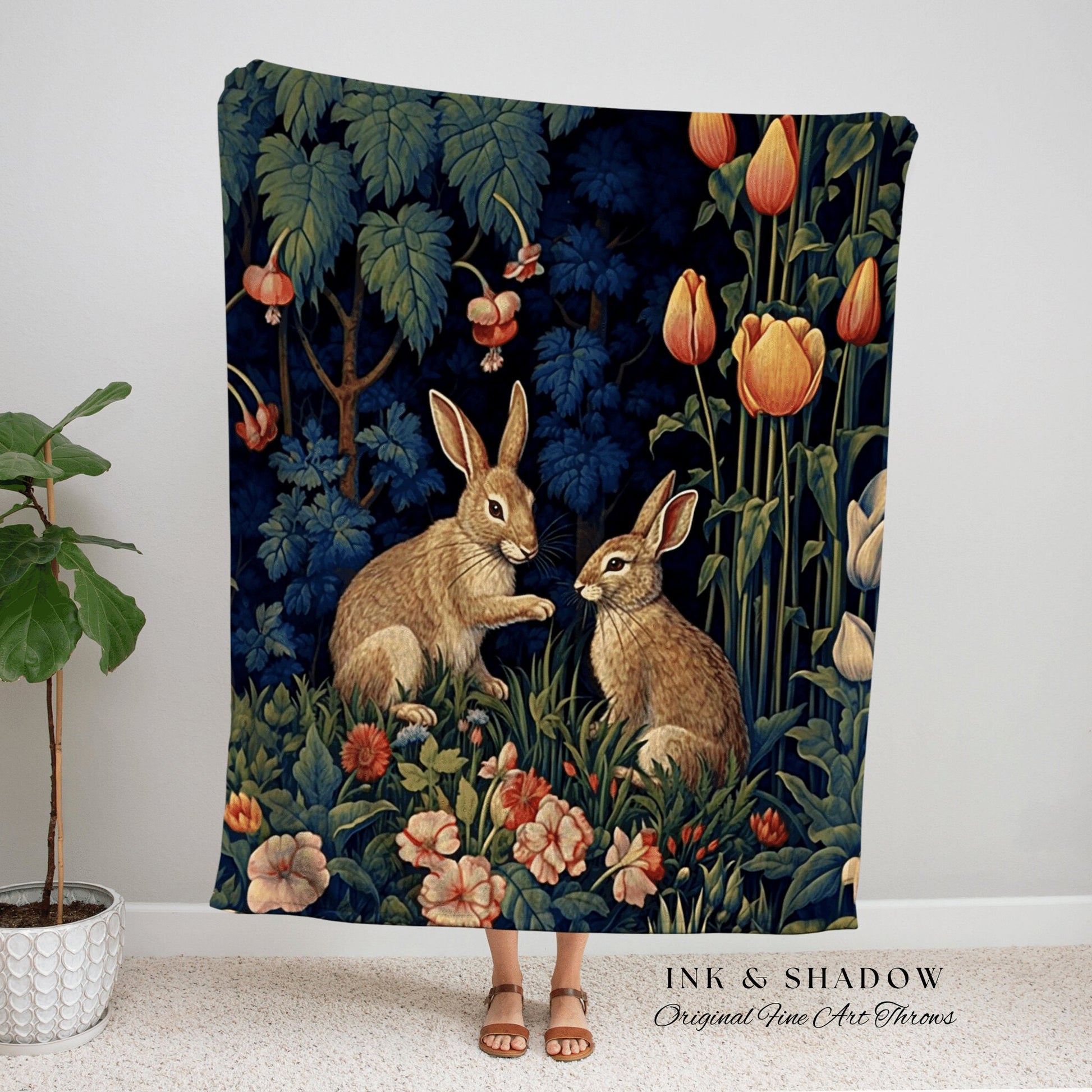 Rabbit Blanket Woodland Aesthetic | Botanical Folk Art Blanket Woven Tapestry William Morris Throw Woodland Goth Decor Cottagecore Aesthetic