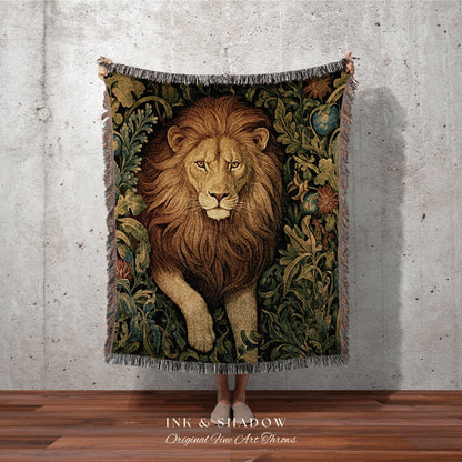 Lion Blanket William Morris Decor | Botanical Folk Art Blanket Woven Tapestry William Morris Throw Woodland Goth Decor Cottagecore Aesthetic