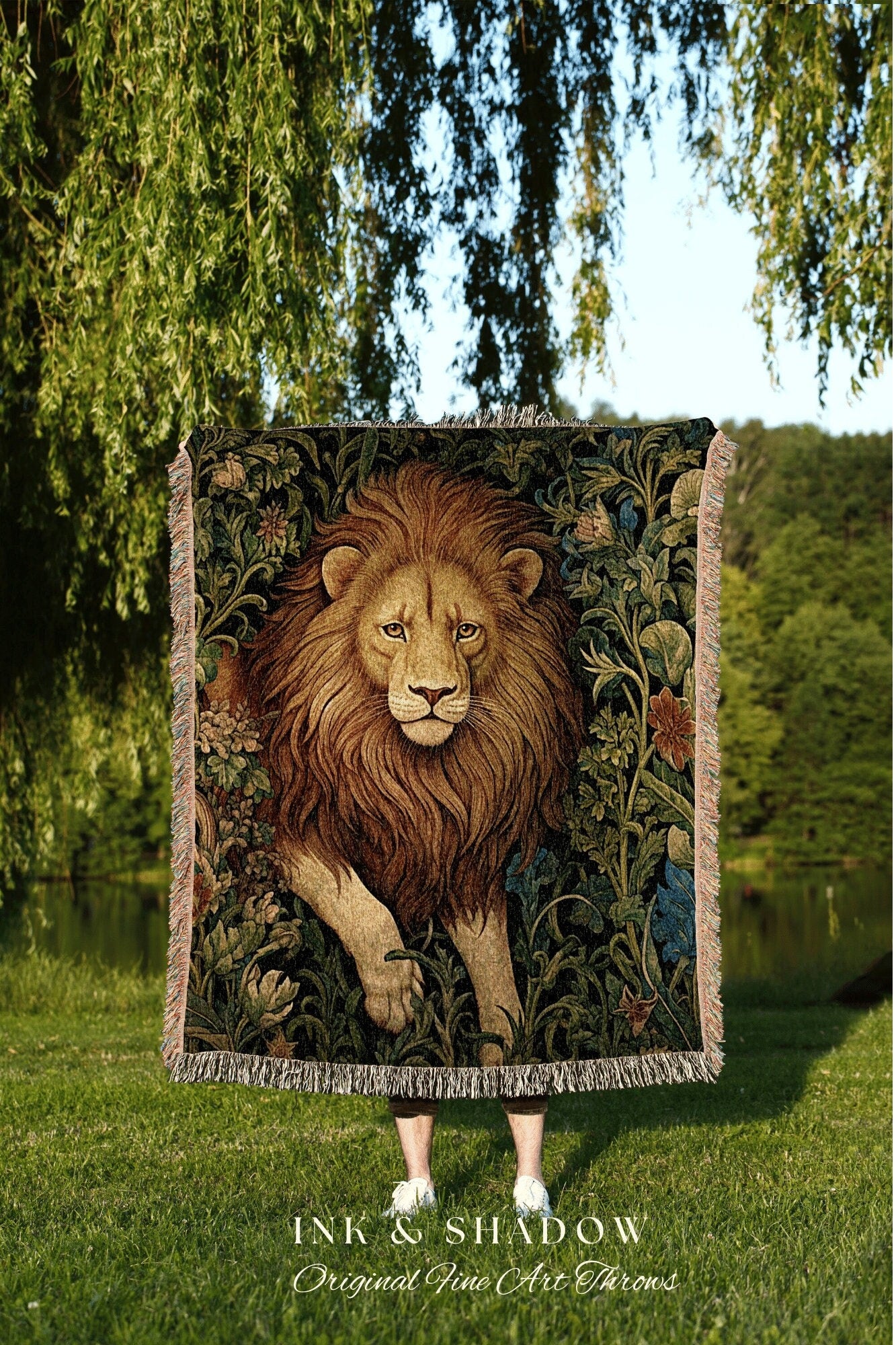 Medieval Aesthetic Lion Tapestry Throw Woodland Gothic Baroque Elegance, Dark Botanical Woven Blanket Morris Aesthetic Goth Cottagecore Art