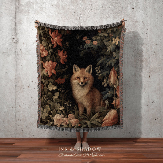 Dark Botanical Fox Tapestry Throw Woodland Gothic Wildflower Woven Art Blanket, Forestcore Floral Cottagecore Vintage Aesthetic Goblibcore