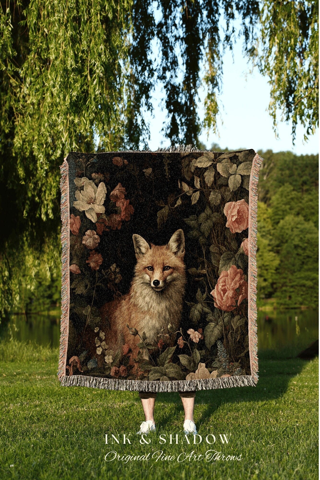 Forestcore Fox Blanket Woven | Woodland Folk Art Blanket Woven Tapestry William Morris Art Woodland Goth Decor Dark Cottagecore Fox Tapestry