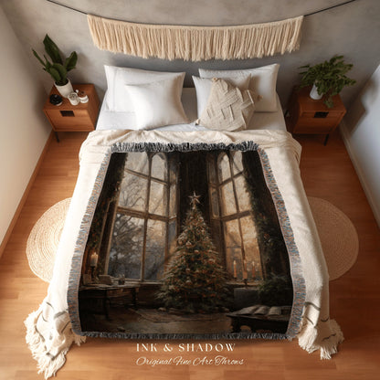 Holiday Woven Blanket | Vintage Christmas Tree Painting Blanket Woven Tapestry Winter Holiday Decor Snowy Landscape Vintage Home Decor Xmas