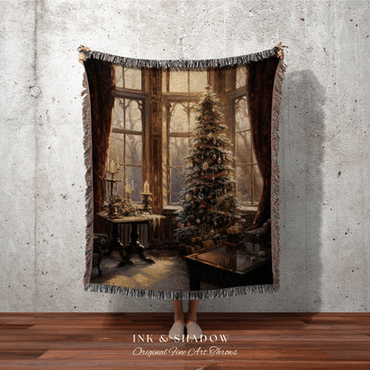 Christmas Morning Light Blanket | Vintage Christmas Tree Painting Blanket Woven Tapestry Winter Holiday Decor Snowy Landscape Vintage Decor