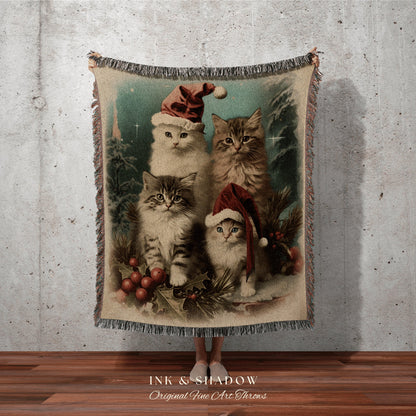 Cat Family Portrait Tapestry | Woven Fringe Blanket Cat lover Gift Funny Tapestry Cat Family Christmas Portrait Cat Blanket Cute Kitten Art