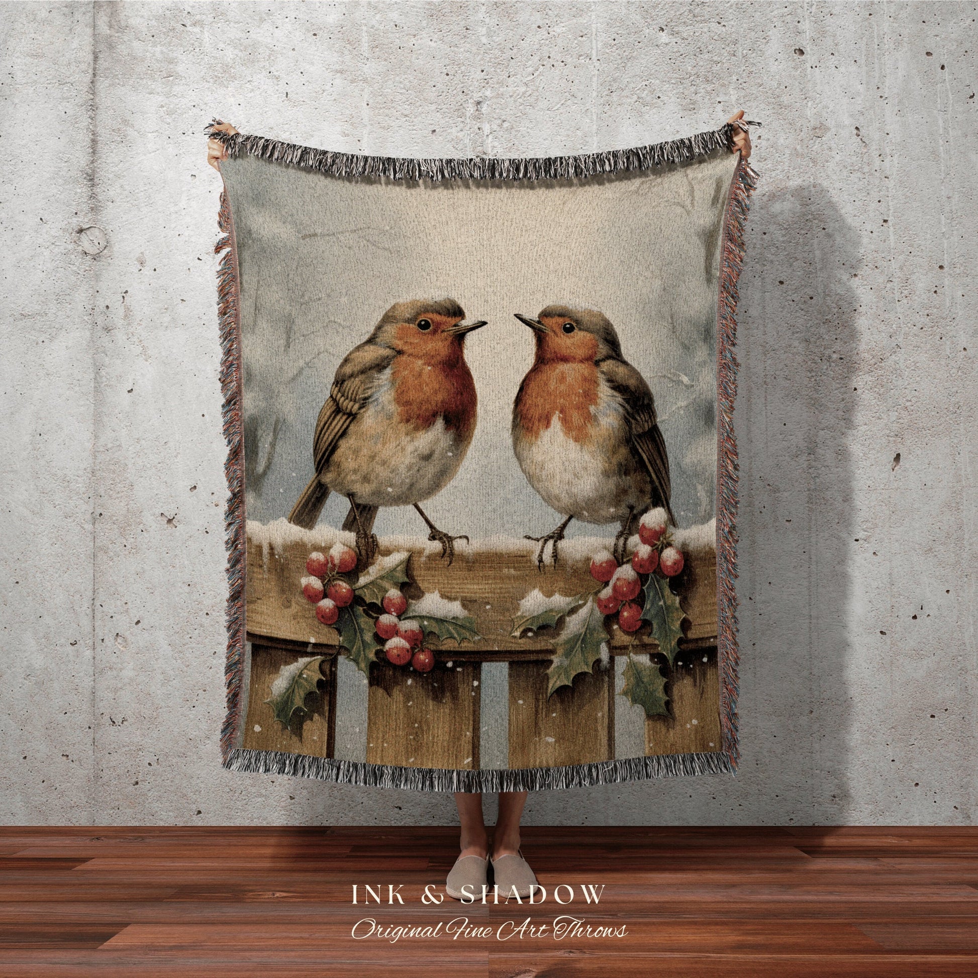 Robin Bird Tapestry Blanket | Vintage Christmas Cardinal Blanket Woven Tapestry Winter Holiday Decor Snowy Landscape Vintage Home Decor Bird