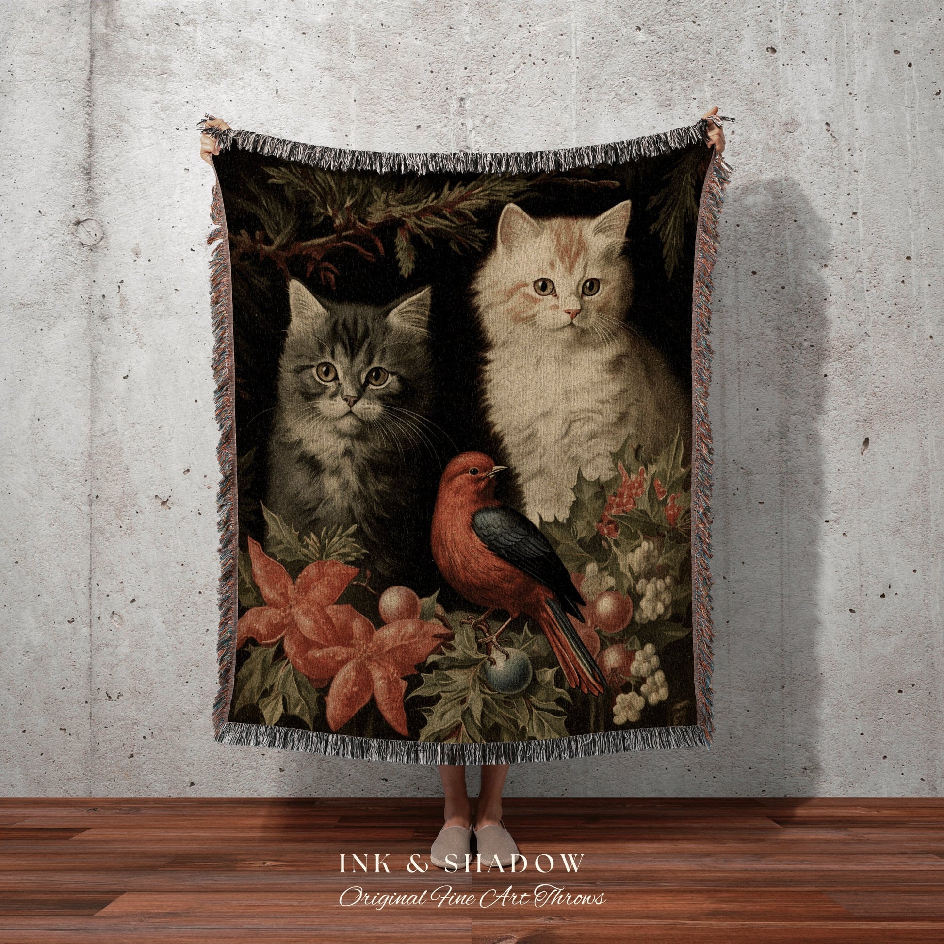 Vintage Kitten Tapestry | Woven Fringe Blanket Cat lover Gift Funny Tapestry Cat Family Christmas Portrait Cat Blanket Cute Cat Art Winter |