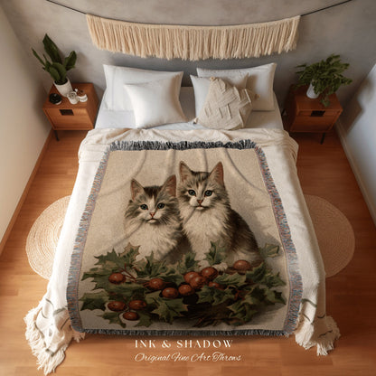 Vintage Cat Couple Tapestry | Woven Fringe Blanket Cat lover Gift Funny Tapestry Cat Family Christmas Portrait Cat Blanket Cute Kitten Art |