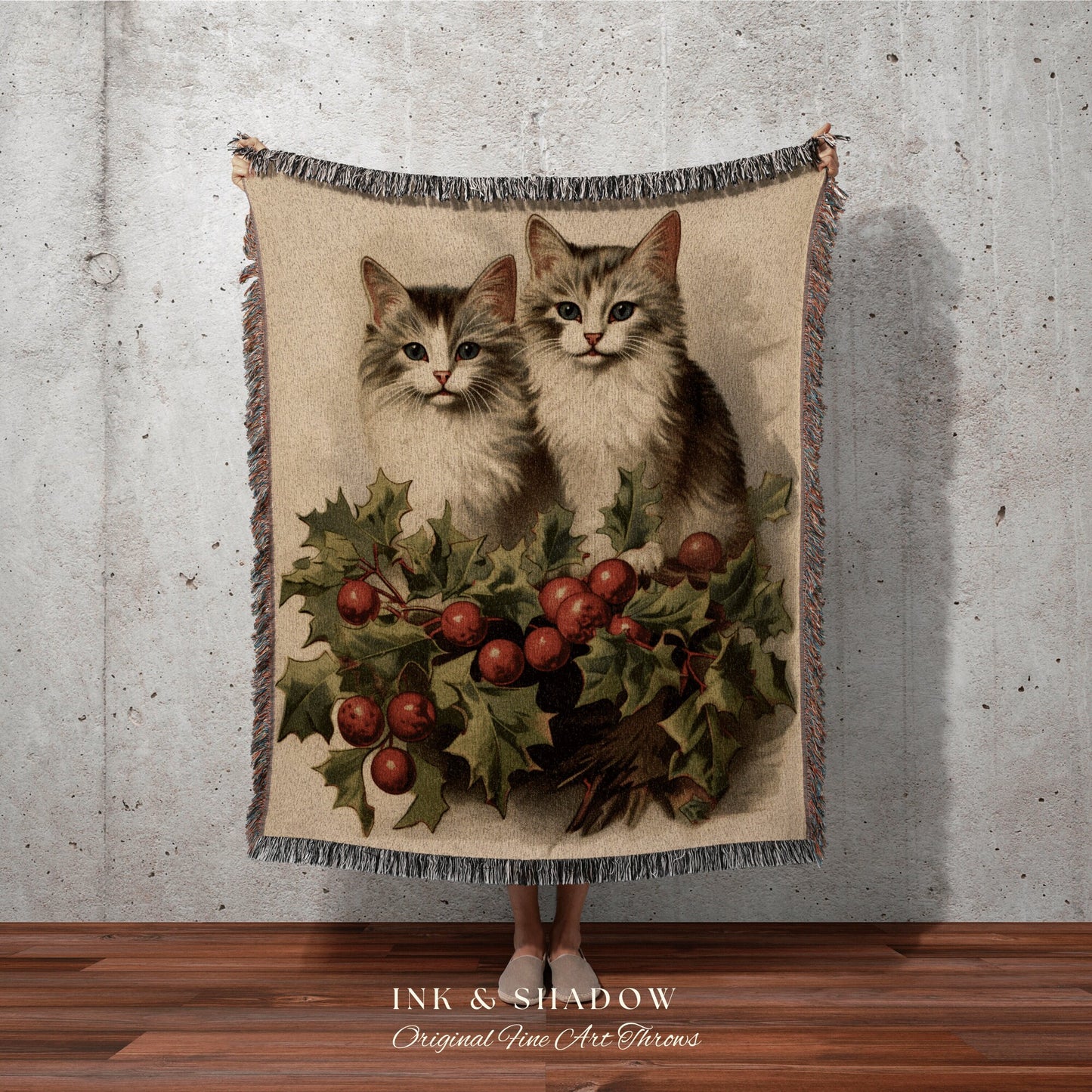 Vintage Cat Couple Tapestry | Woven Fringe Blanket Cat lover Gift Funny Tapestry Cat Family Christmas Portrait Cat Blanket Cute Kitten Art |