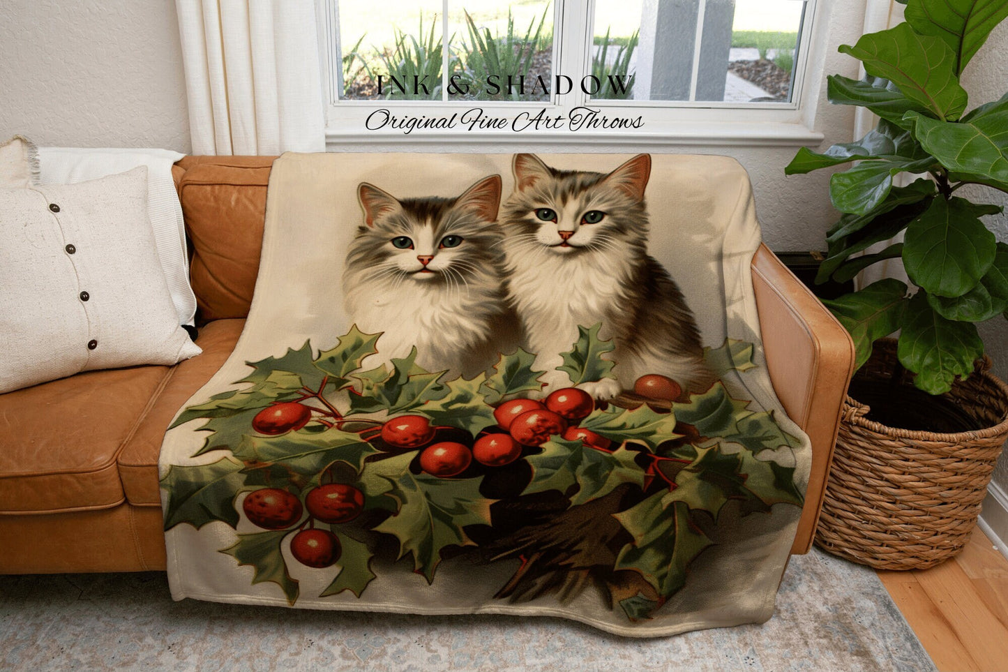 Vintage Cat Couple Tapestry | Woven Fringe Blanket Cat lover Gift Funny Tapestry Cat Family Christmas Portrait Cat Blanket Cute Kitten Art |