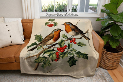 Winter Holly Birds Blanket | Vintage Christmas Cardinal Blanket Woven Tapestry Winter Holiday Decor Snowy Landscape Vintage Home Decor Birds